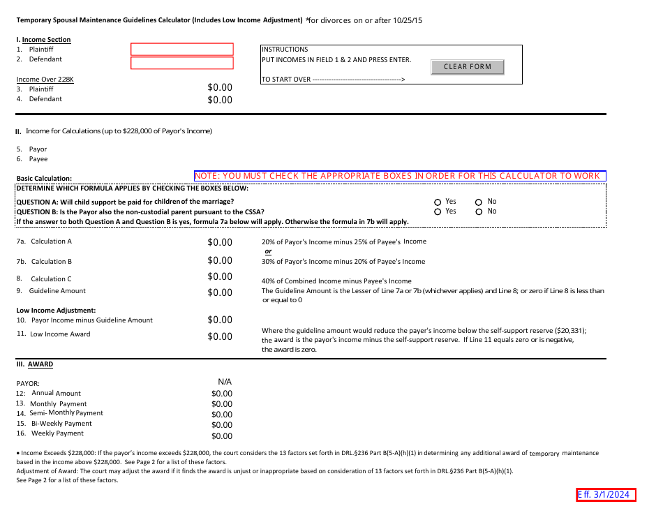 New York Temporary Spousal Maintenance Guidelines Calculator (Includes