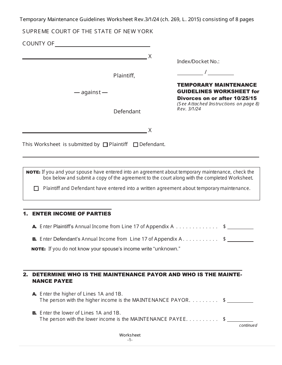 Temporary Maintenance Guidelines Worksheet - New York, Page 1
