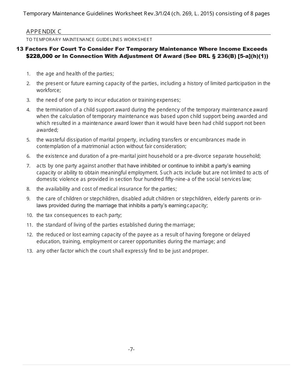 Temporary Maintenance Guidelines Worksheet - New York, Page 7