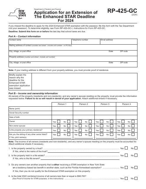 Form RP-425-GC Application for an Extension of the Enhanced Star Deadline - New York, 2024