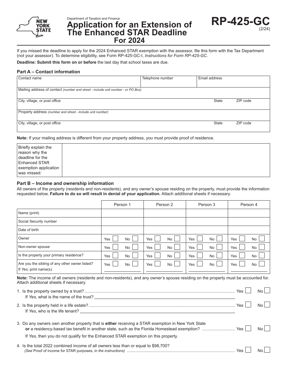 Form RP-425-GC Application for an Extension of the Enhanced Star Deadline - New York, Page 1