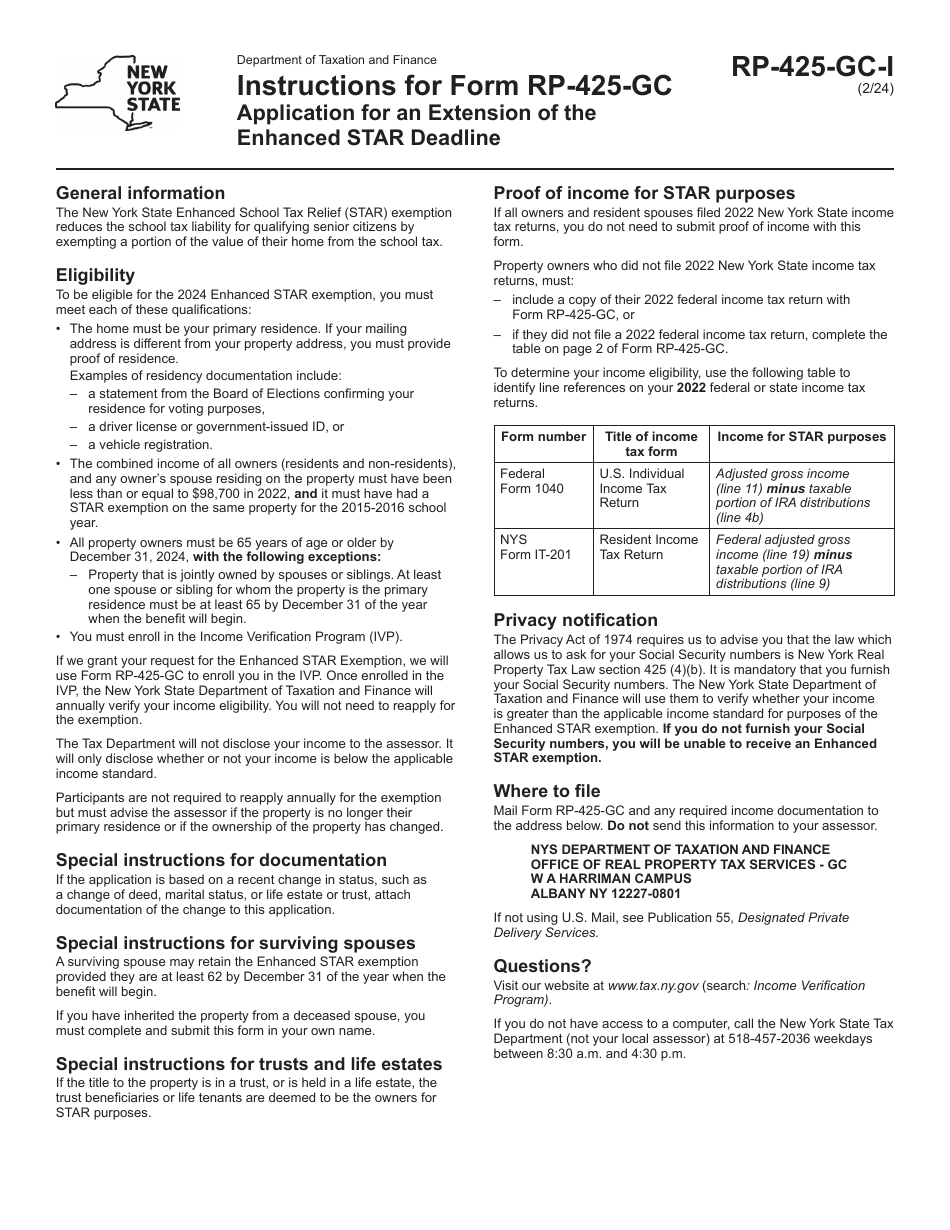 Instructions for Form RP-425-GC Application for an Extension of the Enhanced Star Deadline - New York, Page 1