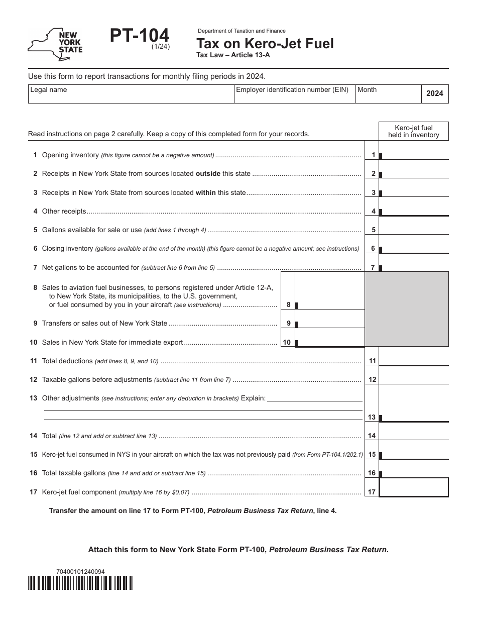 Form PT-104 Tax on Kero-Jet Fuel - New York, Page 1