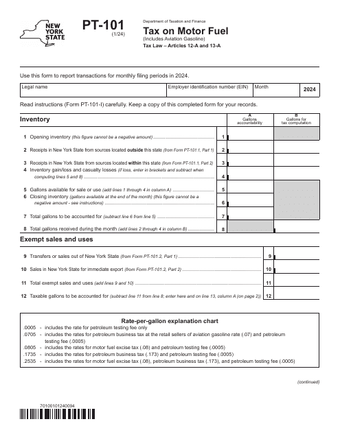 Form PT-101 Tax on Motor Fuel (Includes Aviation Gasoline) - New York, 2024