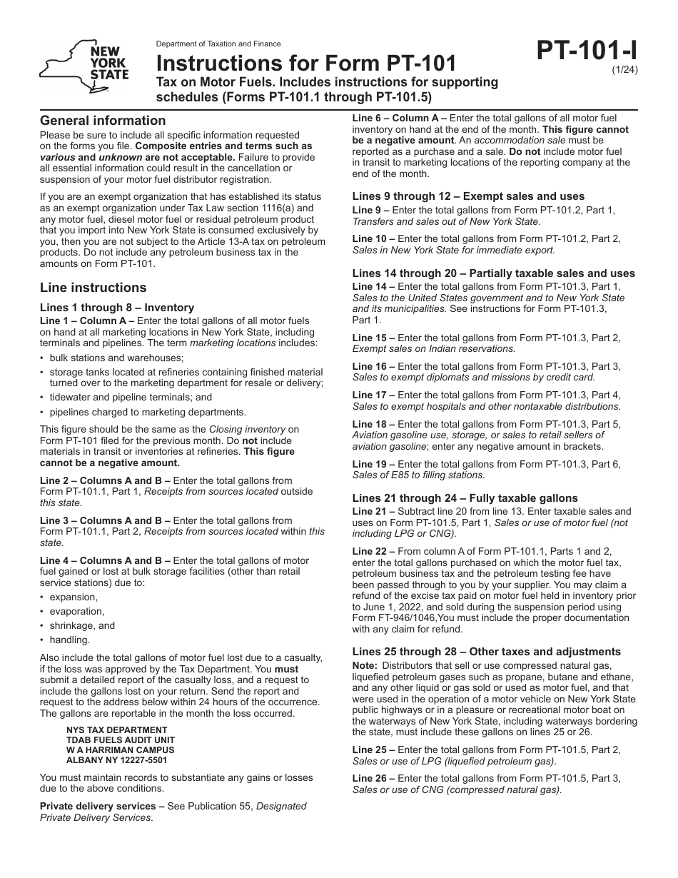 Instructions for Form PT-101 Tax on Motor Fuels - New York, Page 1