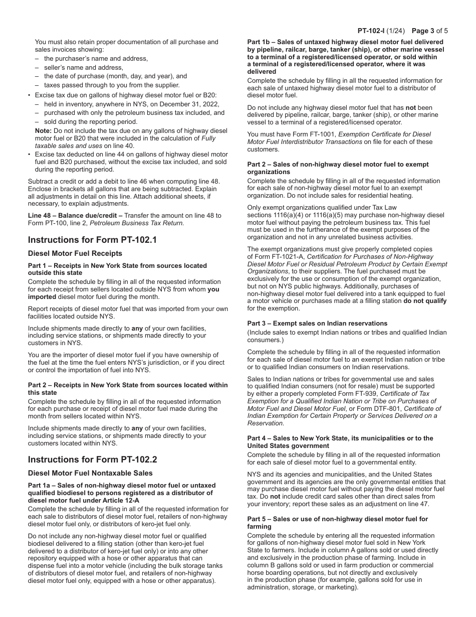 Instructions for Form PT-102 Tax on Diesel Motor Fuel - New York, Page 3