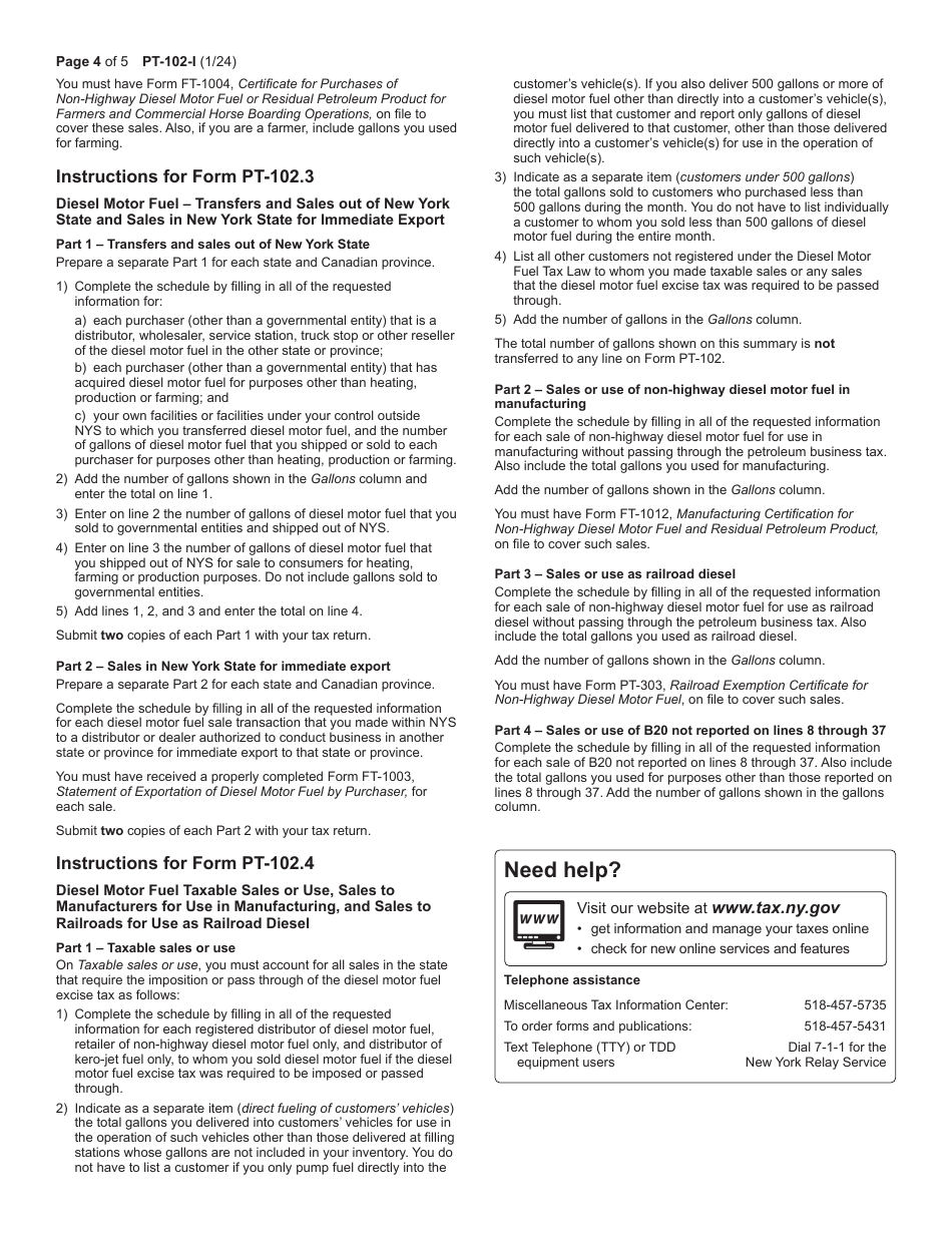 Instructions for Form PT-102 Tax on Diesel Motor Fuel - New York, Page 4