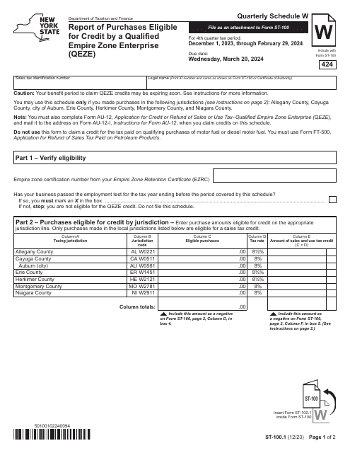 Form ST-100.1 Schedule W Report of Purchases Eligible for Credit by a Qualified Empire Zone Enterprise (Qeze) - 4th Quarter - New York, 2024
