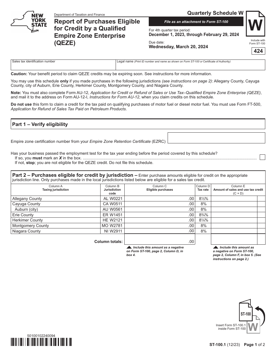 Form ST-100.1 Schedule W Report of Purchases Eligible for Credit by a Qualified Empire Zone Enterprise (Qeze) - 4th Quarter - New York, Page 1