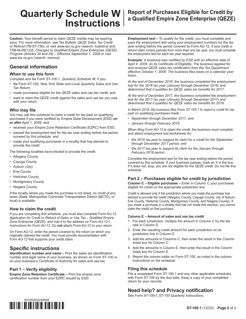 Form ST-100.1 Schedule W Report of Purchases Eligible for Credit by a Qualified Empire Zone Enterprise (Qeze) - 4th Quarter - New York, Page 2