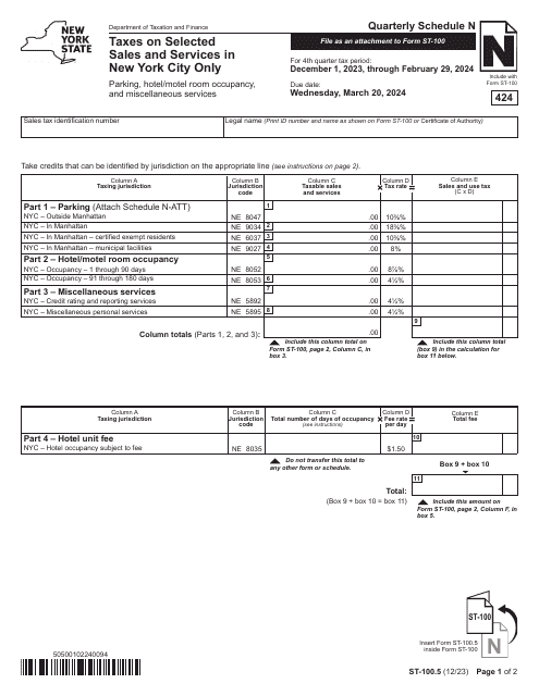 Form ST-100.5 Schedule N Taxes on Selected Sales and Services in New York City Only - Parking, Hotel/Motel Room Occupancy, and Miscellaneous Services - 4th Quarter - New York, 2024