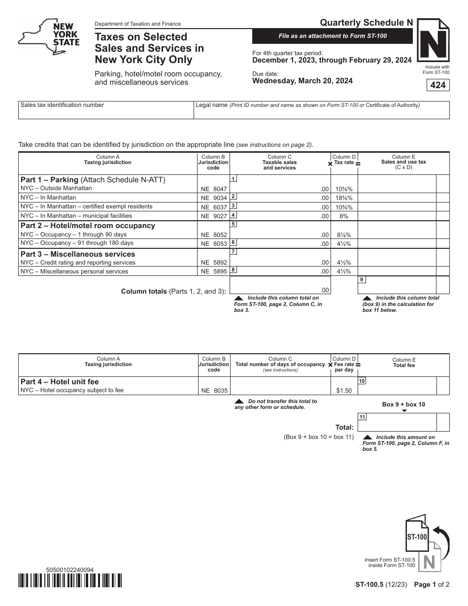 Form ST-100.5 Schedule N Taxes on Selected Sales and Services in New York City Only - Parking, Hotel / Motel Room Occupancy, and Miscellaneous Services - 4th Quarter - New York, Page 1