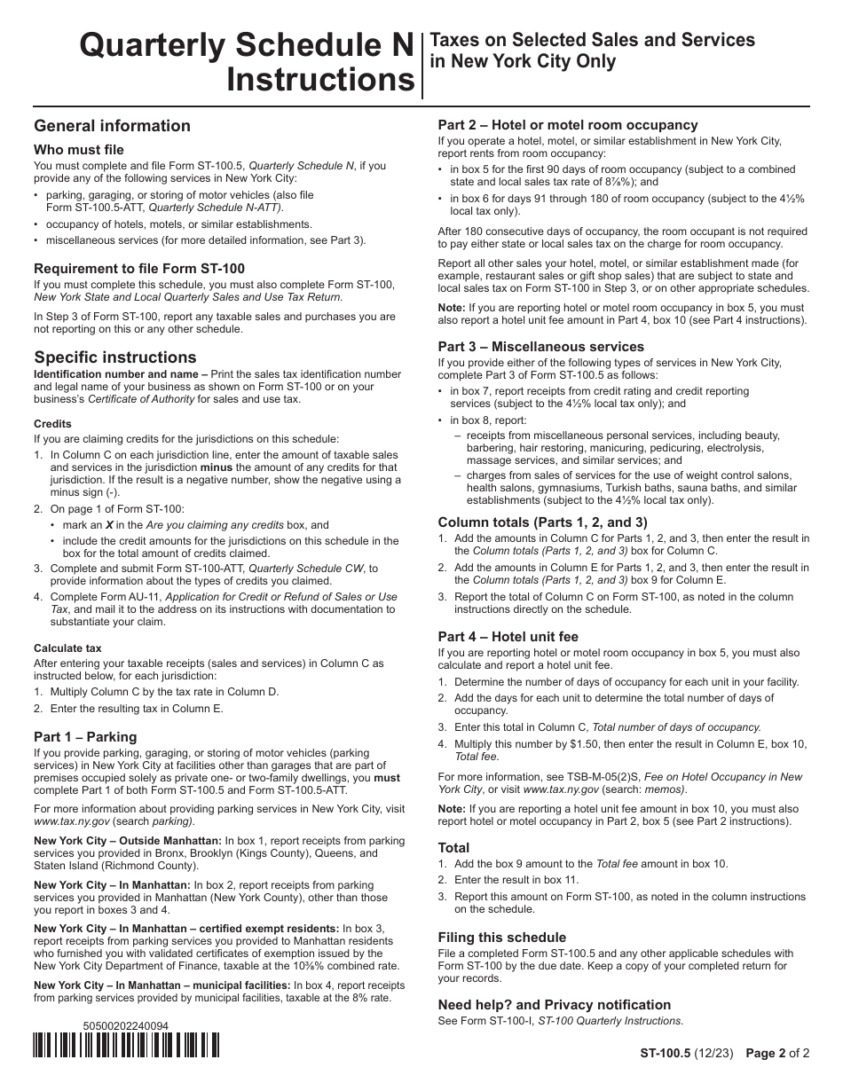 Form ST-100.5 Schedule N Taxes on Selected Sales and Services in New York City Only - Parking, Hotel / Motel Room Occupancy, and Miscellaneous Services - 4th Quarter - New York, Page 2