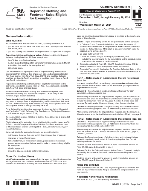 Form ST-100.7 Schedule H Report of Clothing and Footwear Sales Eligible for Exemption - 4th Quarter - New York, 2024