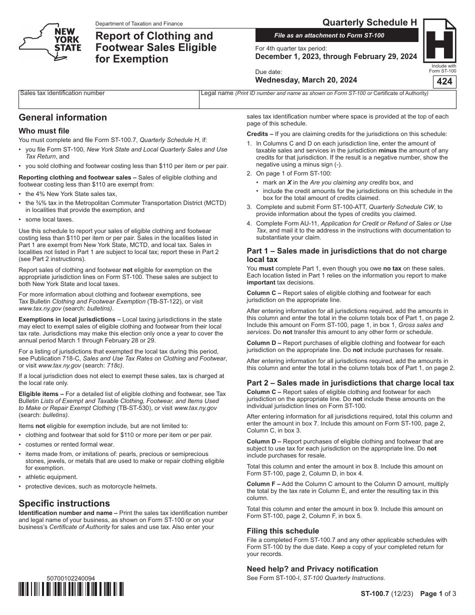 Form ST-100.7 Schedule H Report of Clothing and Footwear Sales Eligible for Exemption - 4th Quarter - New York, Page 1