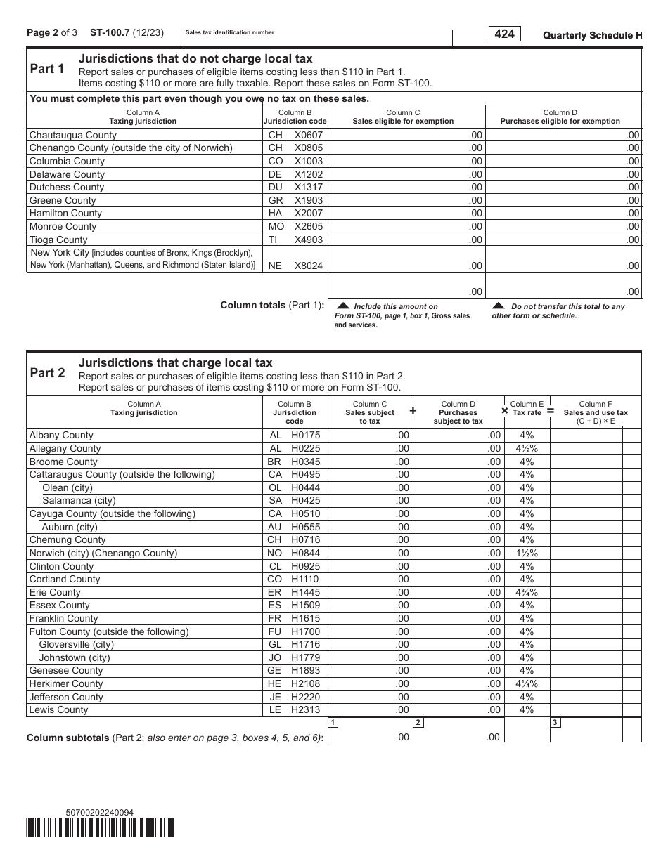 Form ST-100.7 Schedule H Report of Clothing and Footwear Sales Eligible for Exemption - 4th Quarter - New York, Page 2