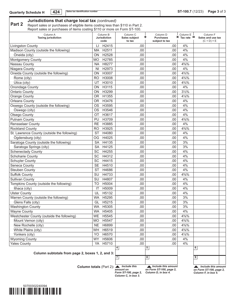 Form ST-100.7 Schedule H Report of Clothing and Footwear Sales Eligible for Exemption - 4th Quarter - New York, Page 3
