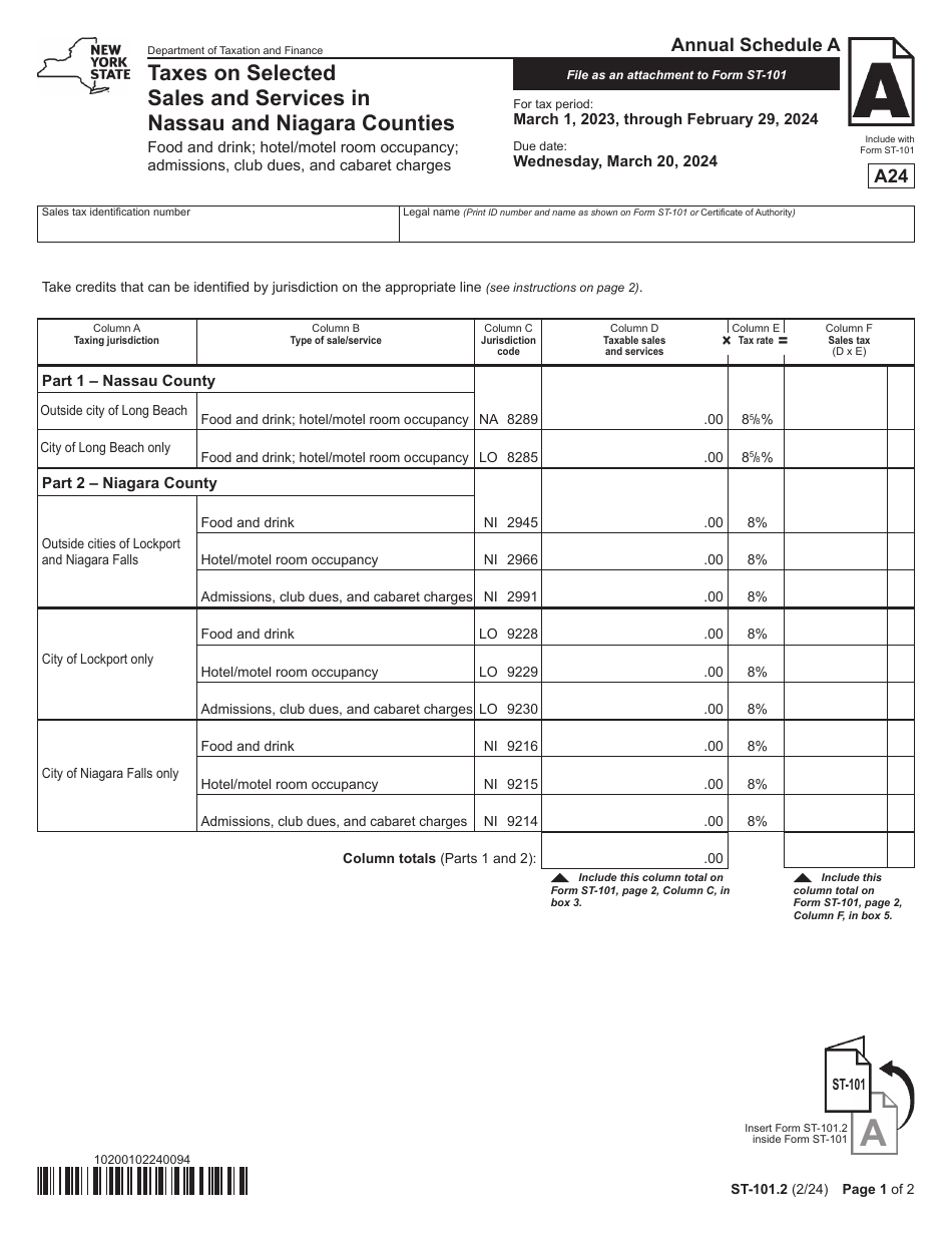 Form ST-101.2 Schedule A Taxes on Selected Sales and Services in Nassau and Niagara Counties - Food and Drink; Hotel / Motel Room Occupancy; Admissions, Club Dues, and Cabaret Charges - Annual - New York, Page 1