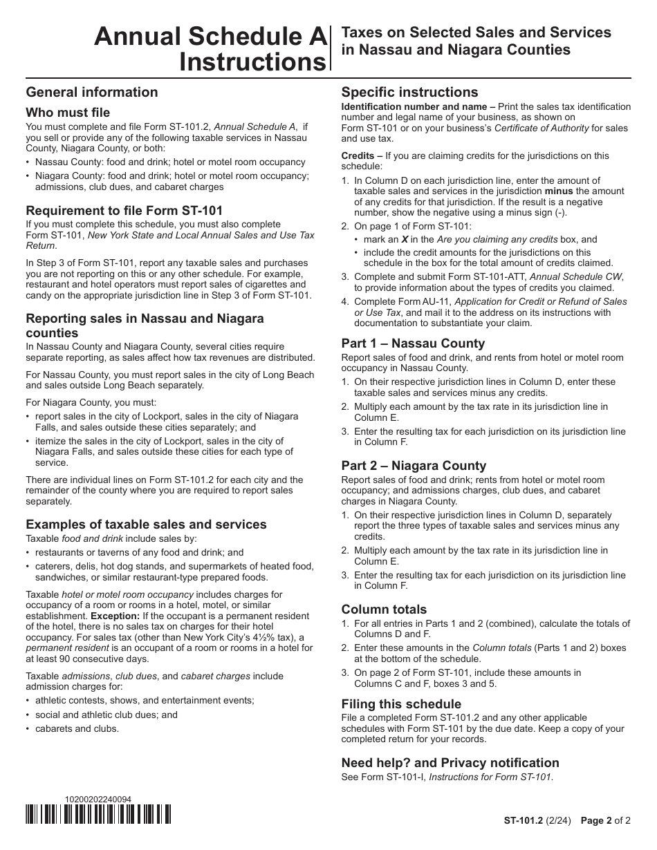 Form ST-101.2 Schedule A Taxes on Selected Sales and Services in Nassau and Niagara Counties - Food and Drink; Hotel / Motel Room Occupancy; Admissions, Club Dues, and Cabaret Charges - Annual - New York, Page 2