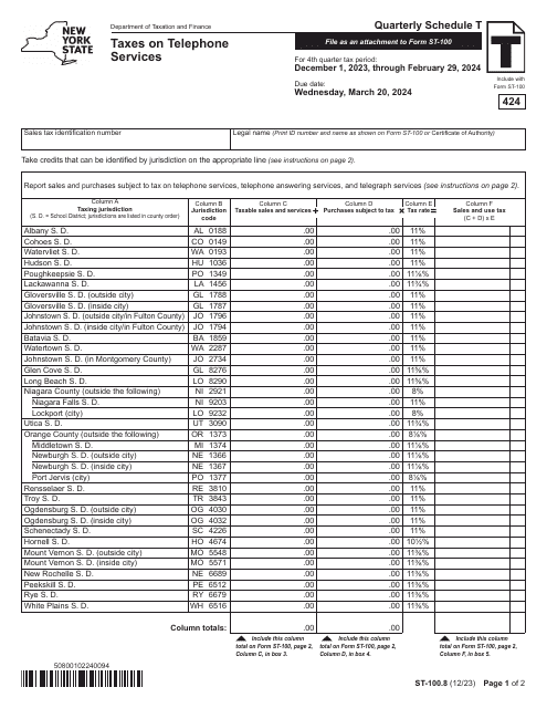 Form ST-100.8 Schedule T Taxes on Telephone Services - 4th Quarter - New York, 2024