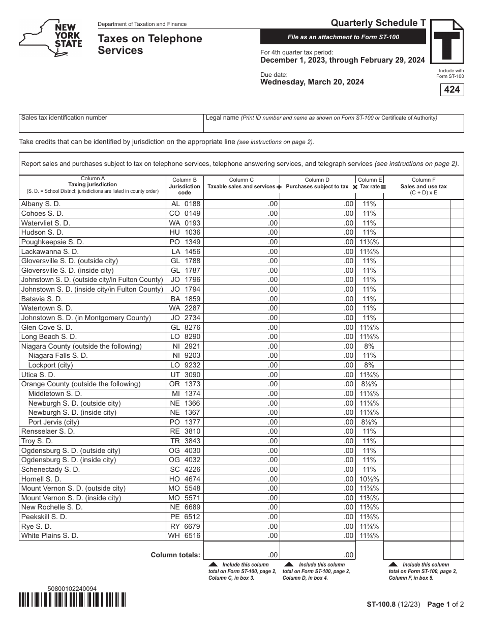 Form ST-100.8 Schedule T Taxes on Telephone Services - 4th Quarter - New York, Page 1