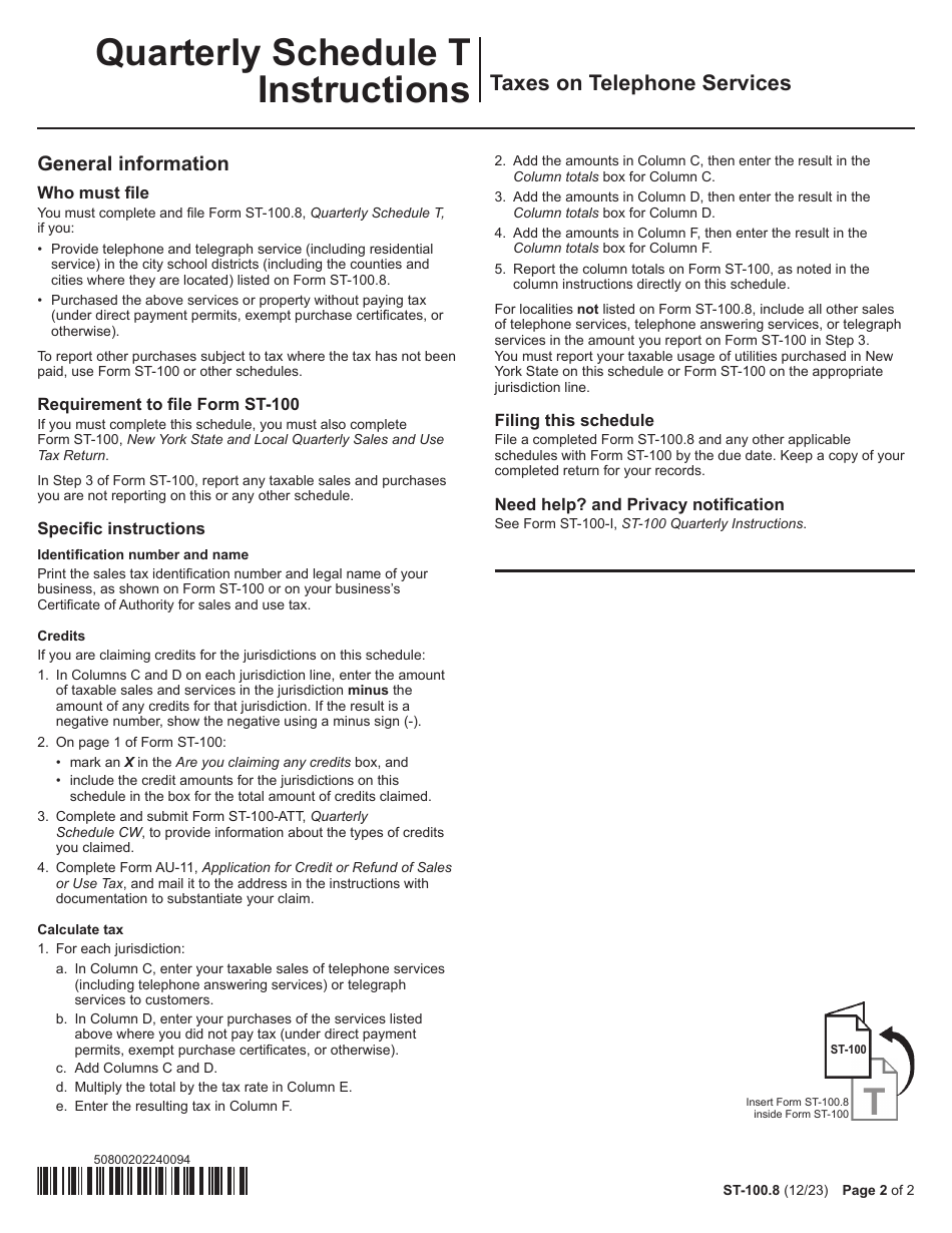 Form ST-100.8 Schedule T Taxes on Telephone Services - 4th Quarter - New York, Page 2