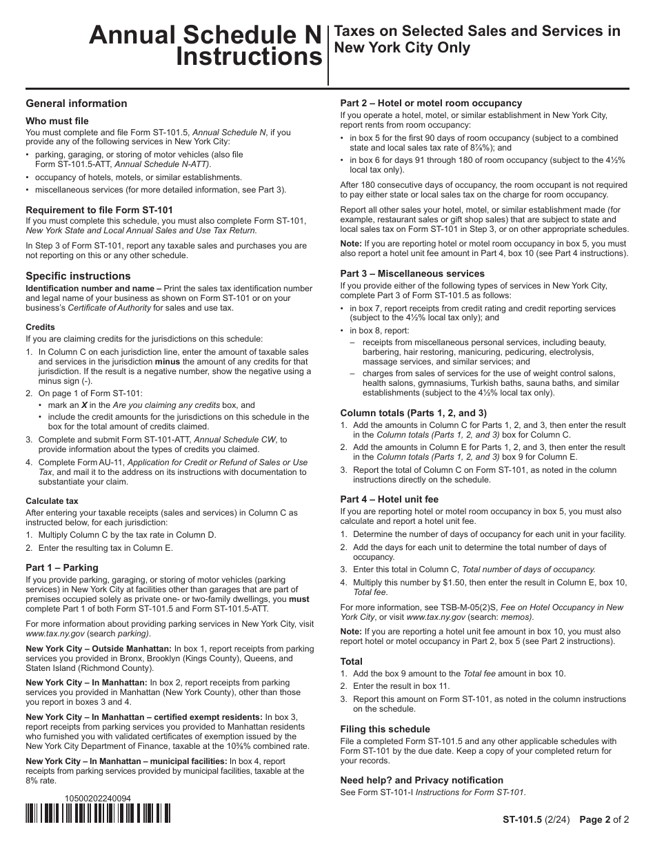 Form ST-101.5 Schedule N Taxes on Selected Sales and Services in New York City Only - Parking, Hotel / Motel Room Occupancy, and Miscellaneous Services - Annual - New York, Page 2