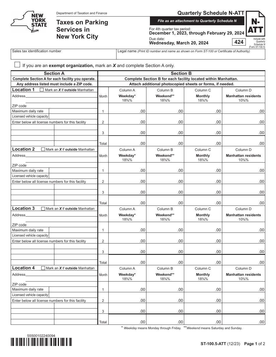 Form ST-100.5-ATT Schedule N-ATT Taxes on Parking Services in New York City - 4th Quarter - New York, Page 1