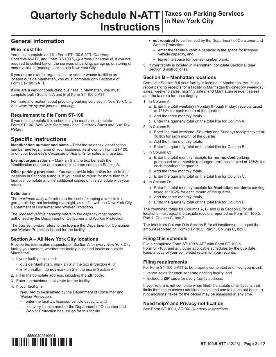 Form ST-100.5-ATT Schedule N-ATT Taxes on Parking Services in New York City - 4th Quarter - New York, Page 2