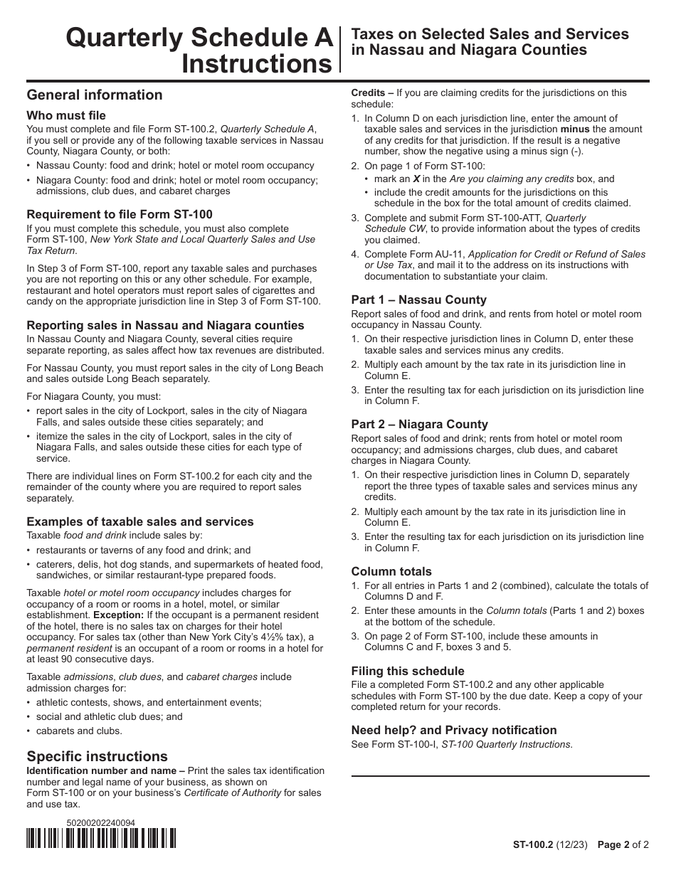 Form ST-100.2 Schedule A Taxes on Selected Sales and Services in Nassau and Niagara Counties - Food and Drink; Hotel / Motel Room Occupancy; Admissions, Club Dues, and Cabaret Charges - 4th Quarter - New York, Page 2