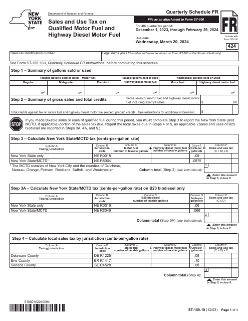 Form ST-100.10 Schedule FR Sales and Use Tax on Qualified Motor Fuel and Highway Diesel Motor Fuel - 4th Quarter - New York, 2024