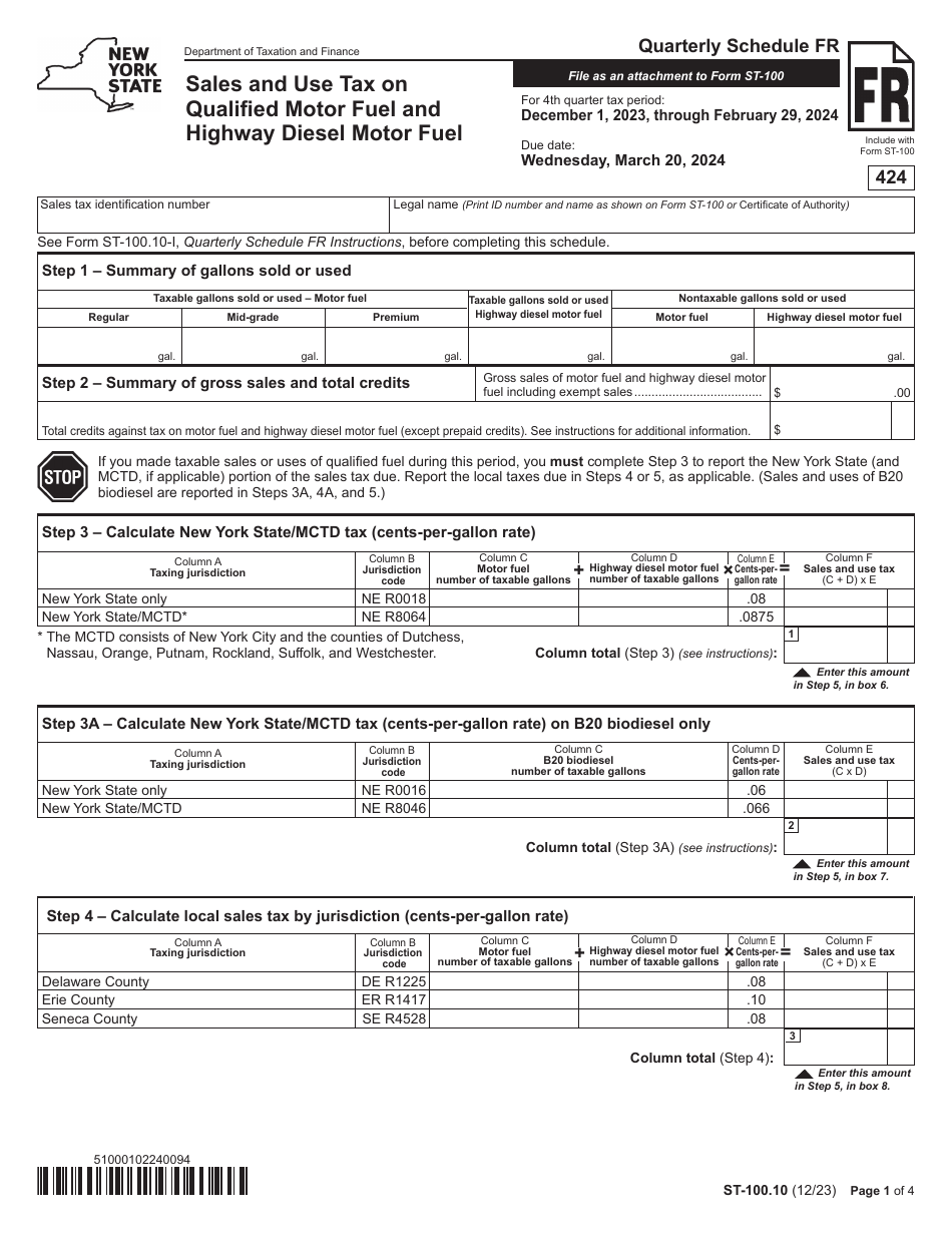 Form ST-100.10 Schedule FR Sales and Use Tax on Qualified Motor Fuel and Highway Diesel Motor Fuel - 4th Quarter - New York, Page 1