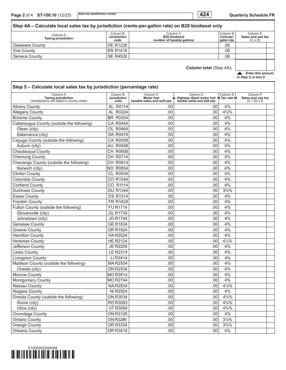 Form ST-100.10 Schedule FR Sales and Use Tax on Qualified Motor Fuel and Highway Diesel Motor Fuel - 4th Quarter - New York, Page 2