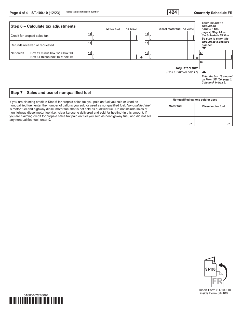 Form ST-100.10 Schedule FR Sales and Use Tax on Qualified Motor Fuel and Highway Diesel Motor Fuel - 4th Quarter - New York, Page 4
