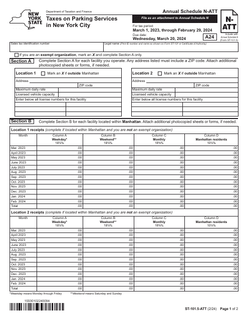 Form ST-101.5-ATT Schedule N-ATT Taxes on Parking Services in New York City - Annual - New York, 2024