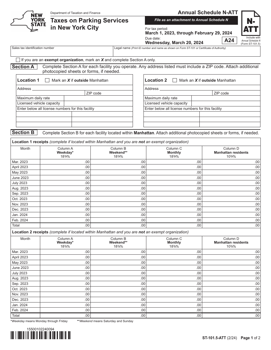 Form ST-101.5-ATT Schedule N-ATT Taxes on Parking Services in New York City - Annual - New York, Page 1