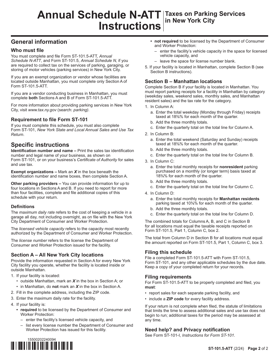 Form ST-101.5-ATT Schedule N-ATT Taxes on Parking Services in New York City - Annual - New York, Page 2