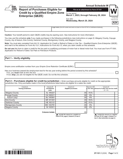 Form ST-101.1 Schedule W Report of Purchases Eligible for Credit by a Qualified Empire Zone Enterprise (Qeze) - Annual - New York, 2024