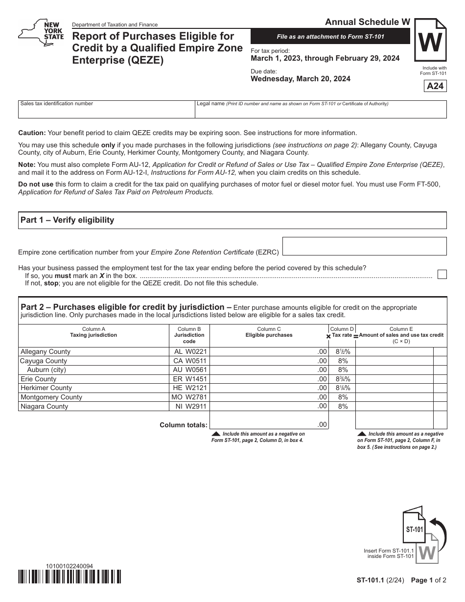 Form ST-101.1 Schedule W Report of Purchases Eligible for Credit by a Qualified Empire Zone Enterprise (Qeze) - Annual - New York, Page 1