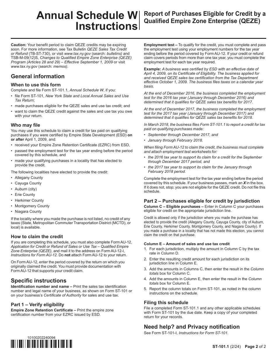 Form ST-101.1 Schedule W Report of Purchases Eligible for Credit by a Qualified Empire Zone Enterprise (Qeze) - Annual - New York, Page 2