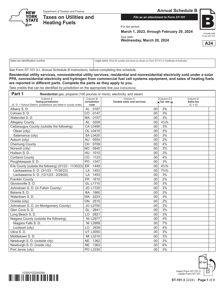 Form ST-101.3 Schedule B Taxes on Utilities and Heating Fuels - Annual - New York, Page 1