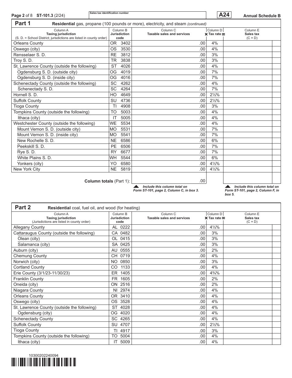 Form ST-101.3 Schedule B Taxes on Utilities and Heating Fuels - Annual - New York, Page 2