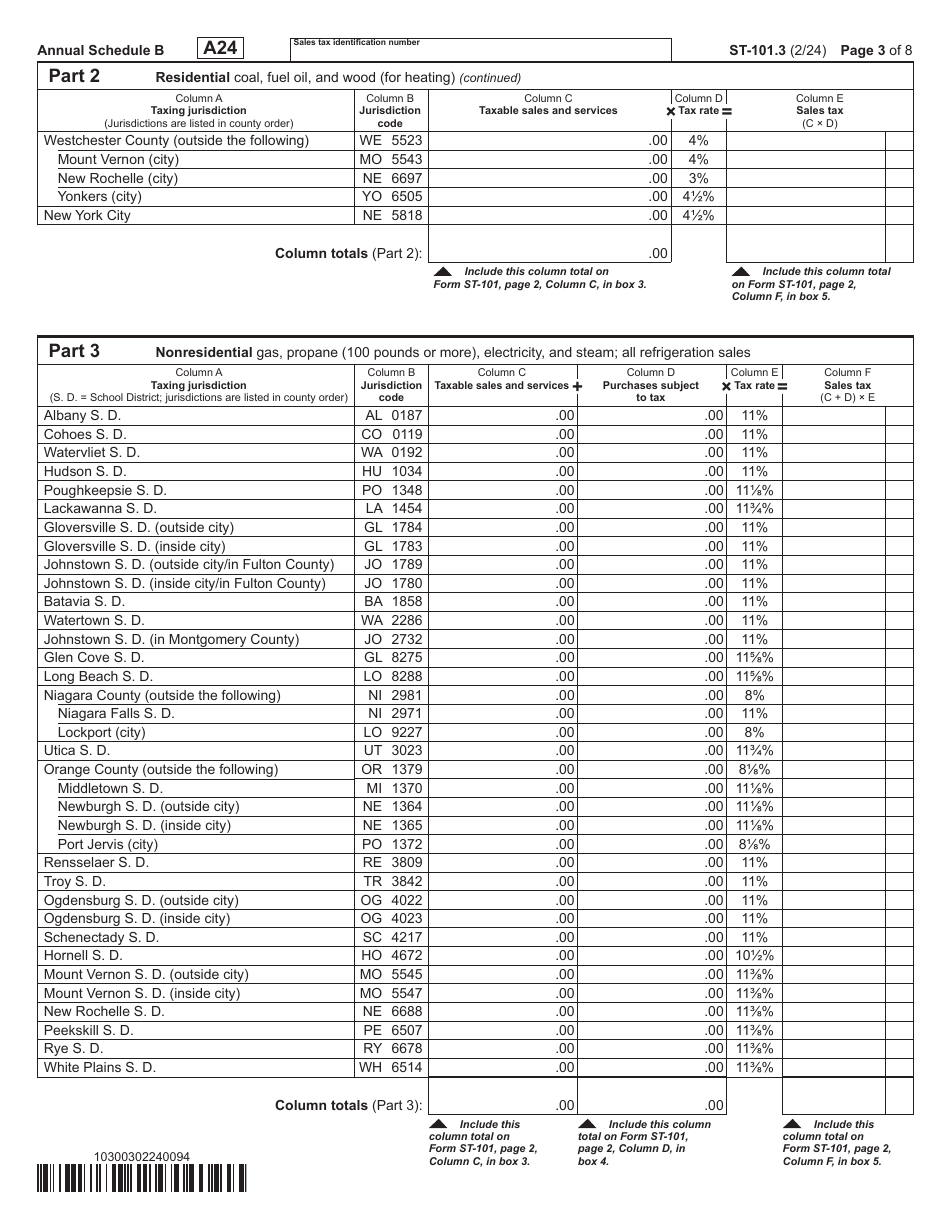 Form ST-101.3 Schedule B Taxes on Utilities and Heating Fuels - Annual - New York, Page 3