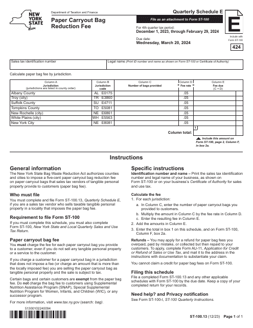 Form ST-100.13 Schedule E Paper Carryout Bag Reduction Fee - 4th Quarter - New York, 2024