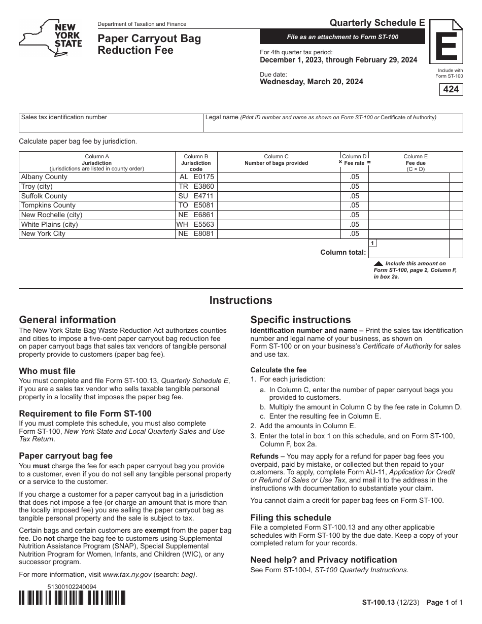 Form ST-100.13 Schedule E Paper Carryout Bag Reduction Fee - 4th Quarter - New York, Page 1