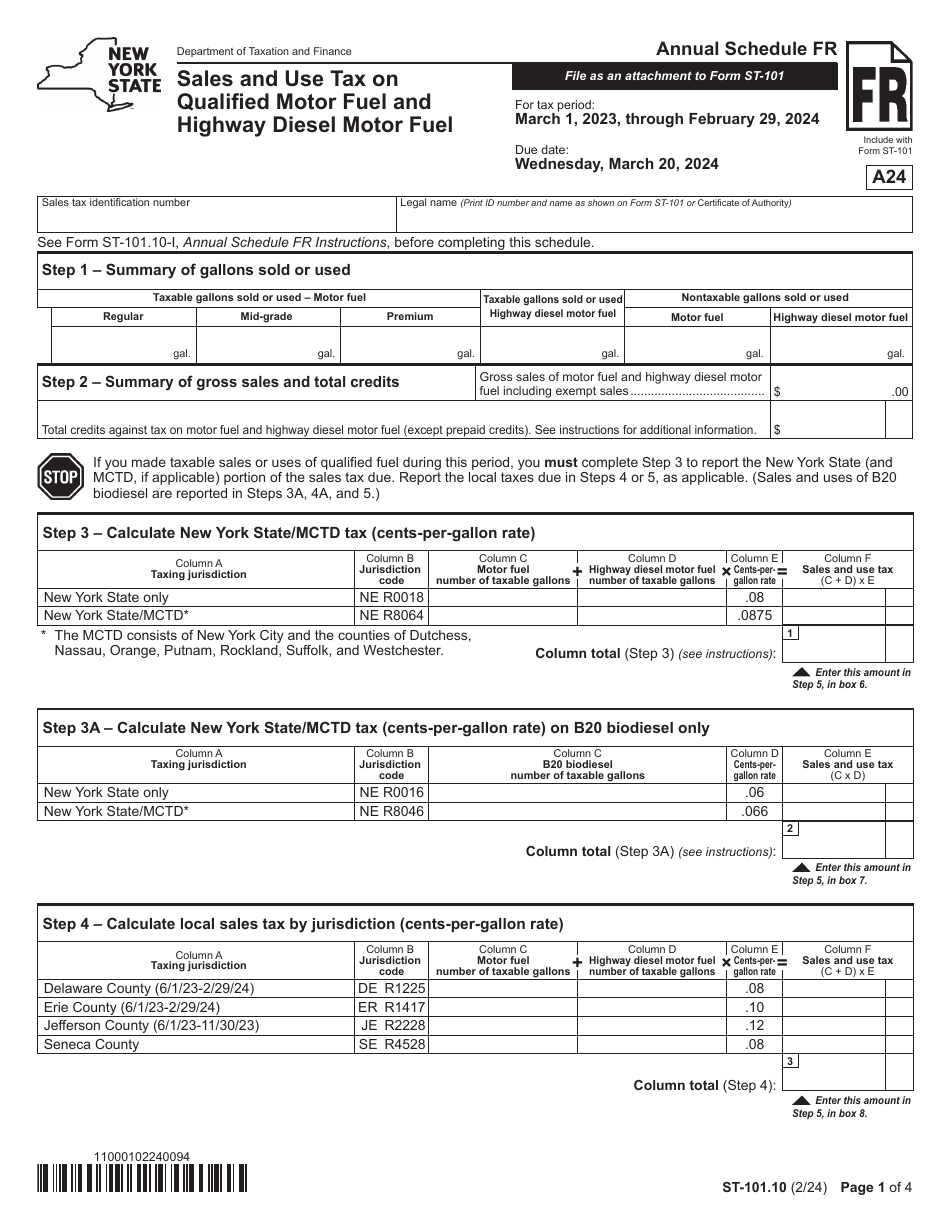 Form ST-101.10 Schedule FR Sales and Use Tax on Qualified Motor Fuel and Highway Diesel Motor Fuel - Annual - New York, Page 1