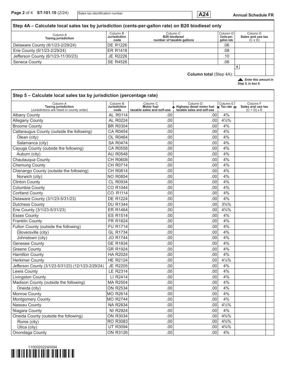 Form ST-101.10 Schedule FR Sales and Use Tax on Qualified Motor Fuel and Highway Diesel Motor Fuel - Annual - New York, Page 2
