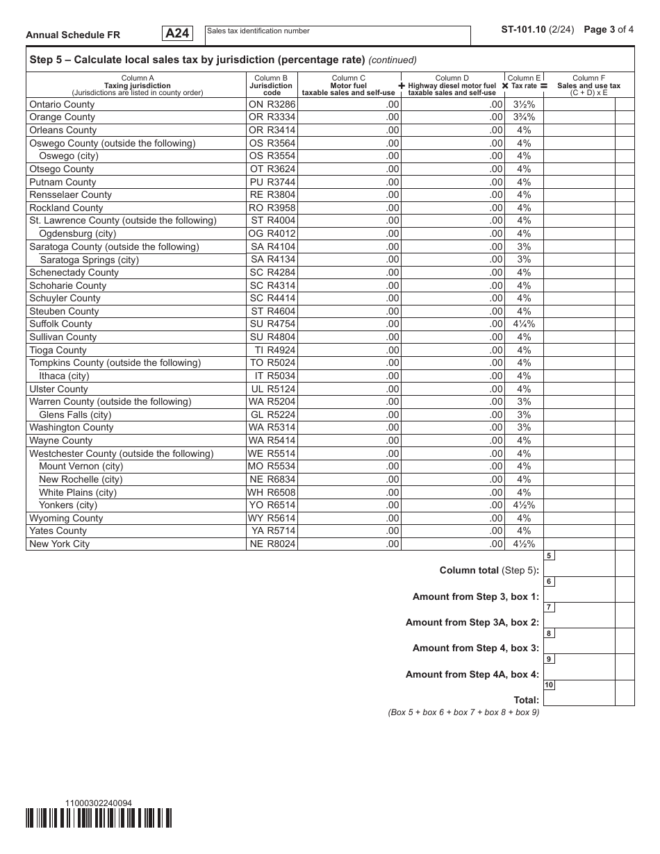 Form ST-101.10 Schedule FR Sales and Use Tax on Qualified Motor Fuel and Highway Diesel Motor Fuel - Annual - New York, Page 3