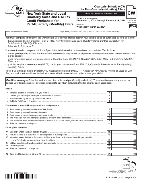 Form ST-810-ATT Schedule CW New York State and Local Quarterly Sales and Use Tax Credit Worksheet for Part-Quarterly (Monthly) Filers - 4th Quarter - New York, 2024