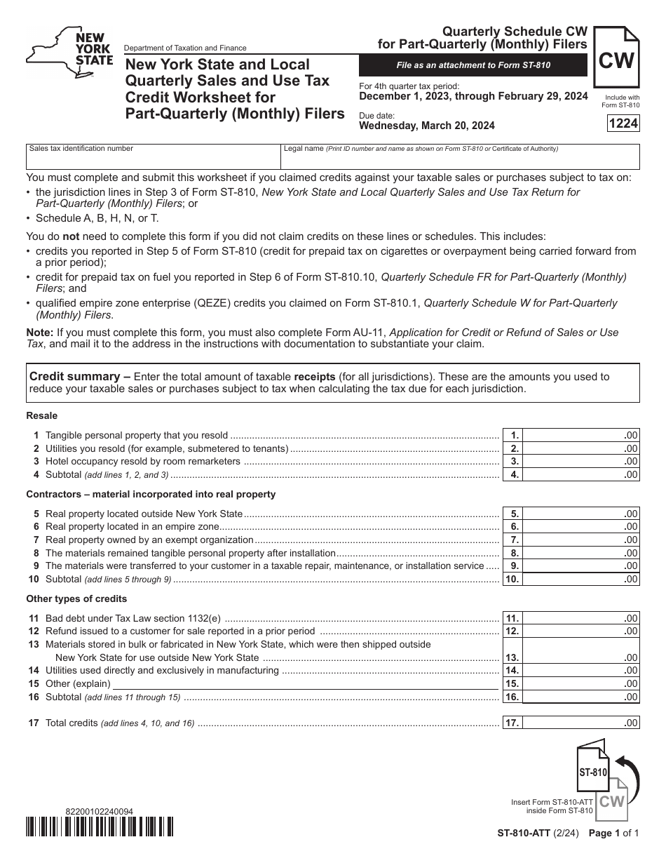 Form ST-810-ATT Schedule CW New York State and Local Quarterly Sales and Use Tax Credit Worksheet for Part-Quarterly (Monthly) Filers - 4th Quarter - New York, Page 1